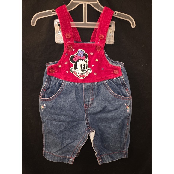 VTG‎ Disney Baby Minnie Mouse Denim Overalls Embroidered Sz 3-6 M Pretty Flower
